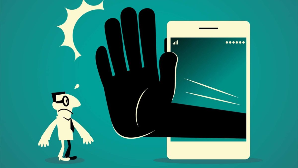 A graphic drawing of a hand emerging from a phone to stop a potential use, indicating a private and secure only platform