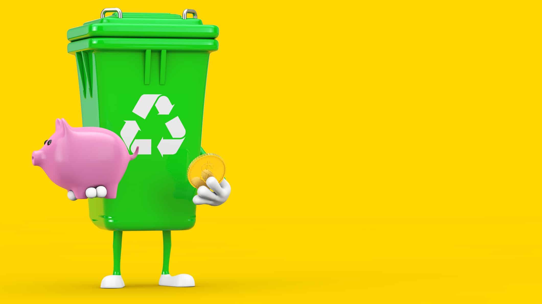 recycling asx share price represented by bin holding piggy bank and coin