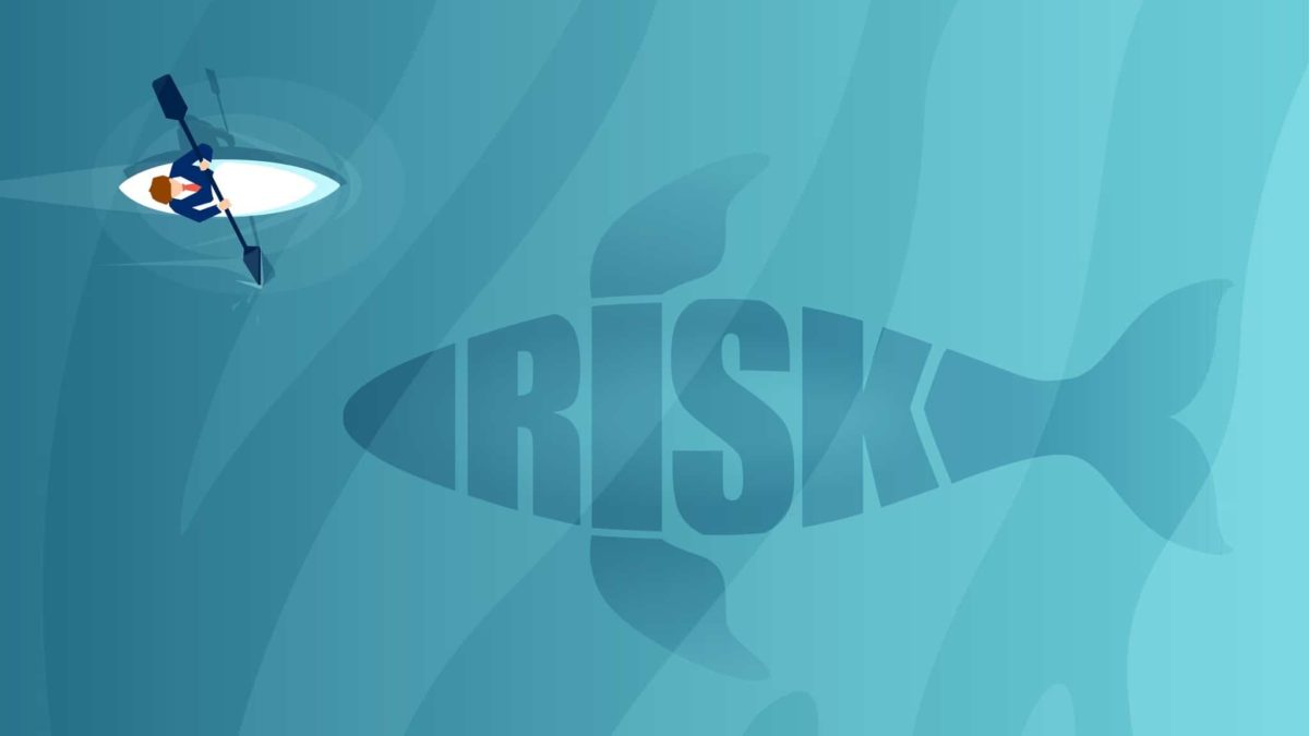 ASX 200 miners iron ore share price Graphic of a shark in the water with the word risk swimming towards a small person paddling a canoe, indicating risk ahead for ASX share price