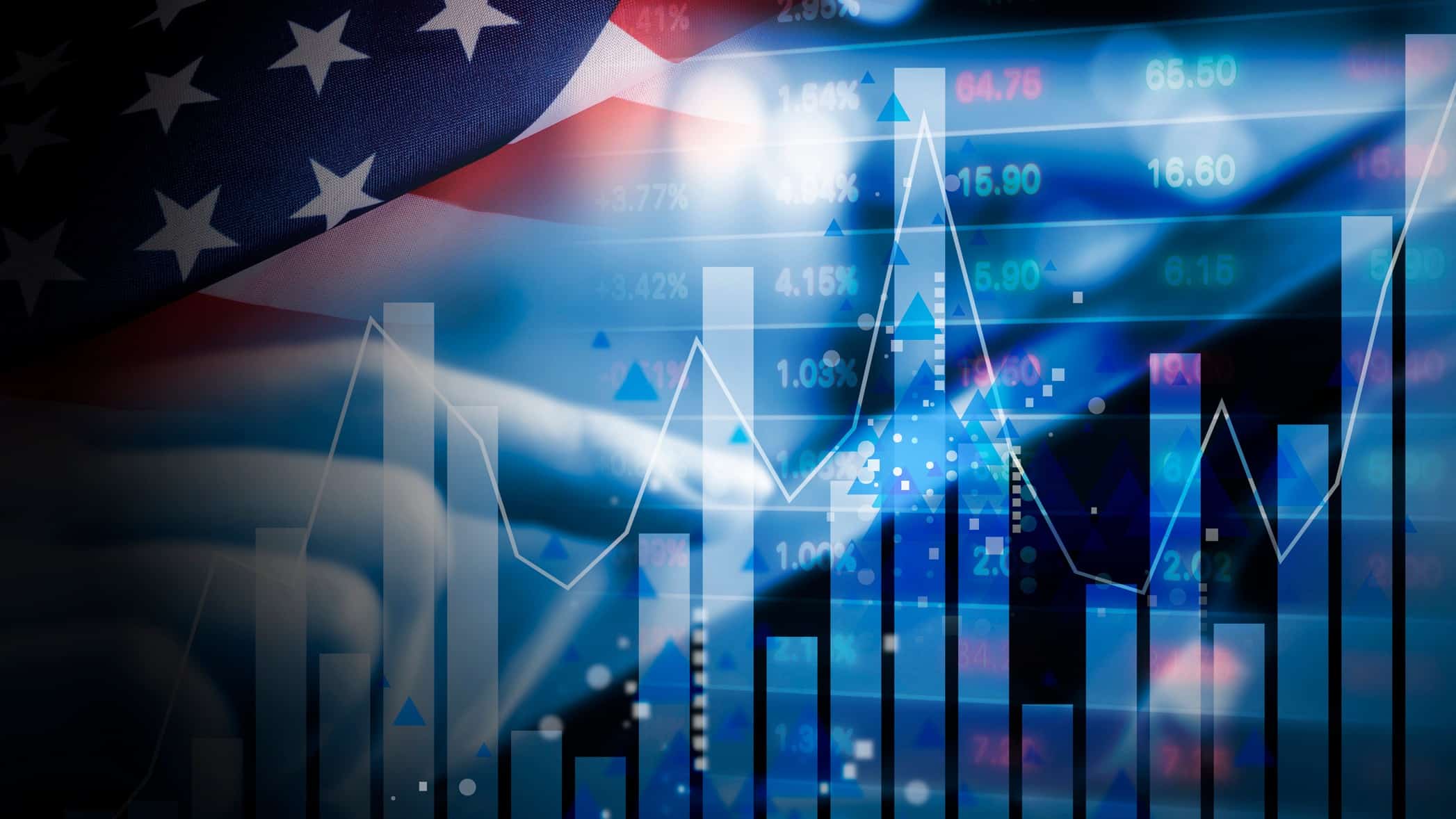 A US flag behind a graph, indicating investment in US shares