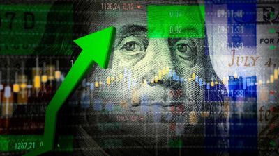 A graphic design of the face of a US dollar bill and a share market graph with a big green arrow indicating a surge in US share prices