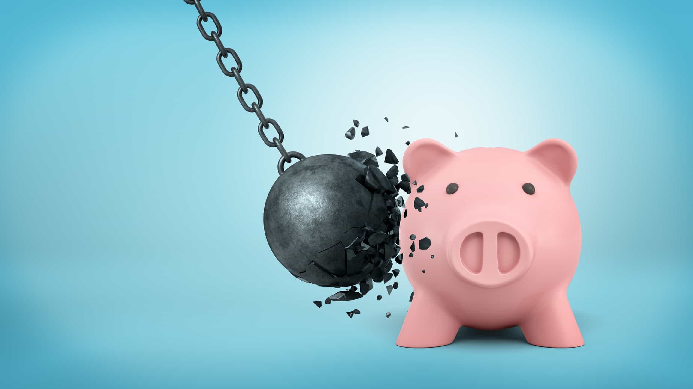 asx share price crash represented by iron ball smashing into piggy bank