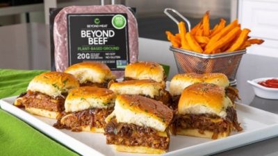 beyond meat stock represented by hamburgers sitting in front of beyond meat pack