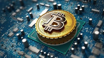 bitcoin represented by gold coin with letter b sitting atop circuit board