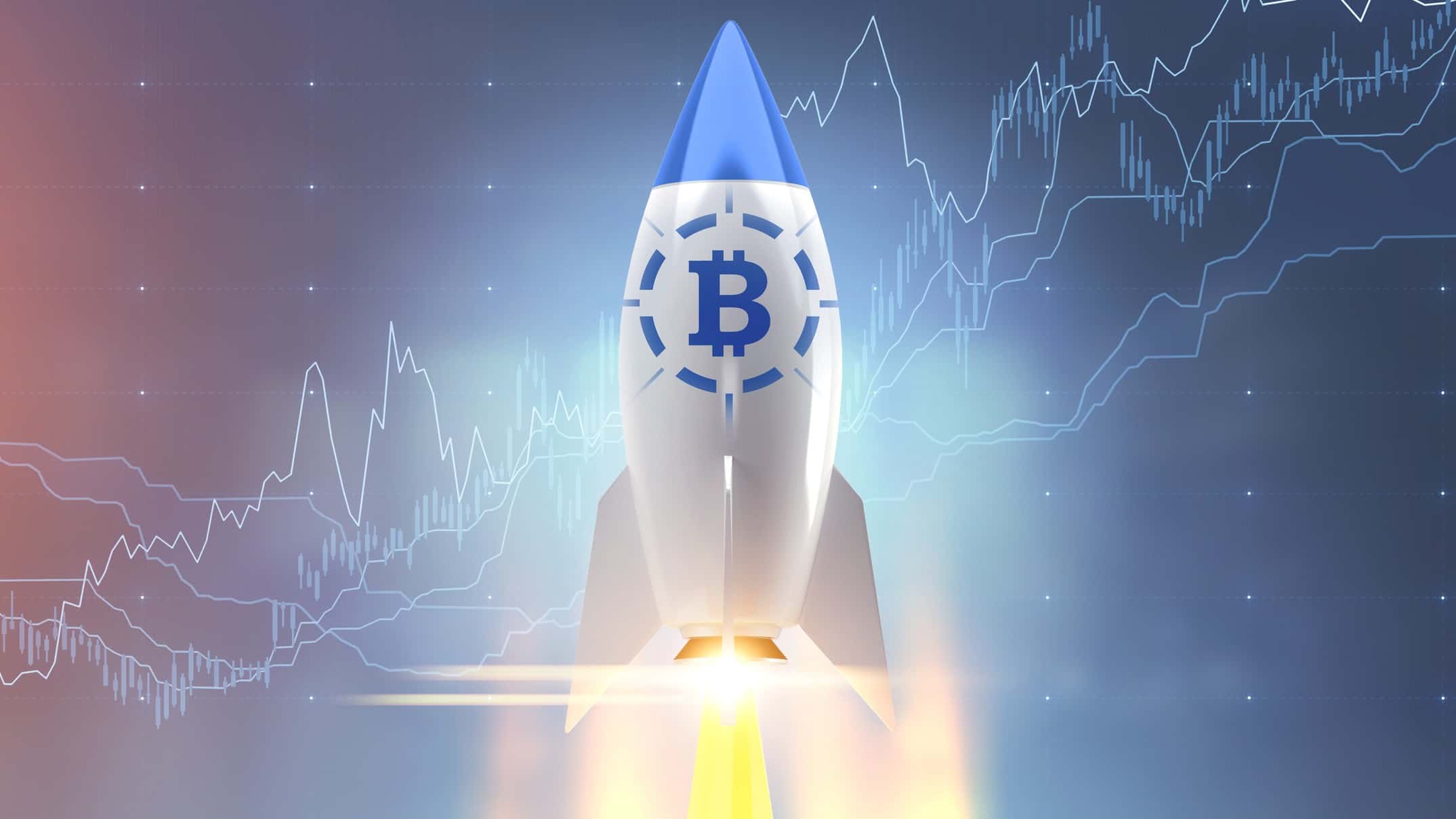 A rocket with a bitcoin symbol take off, indicating a surging or record high price in the cryptocurrency