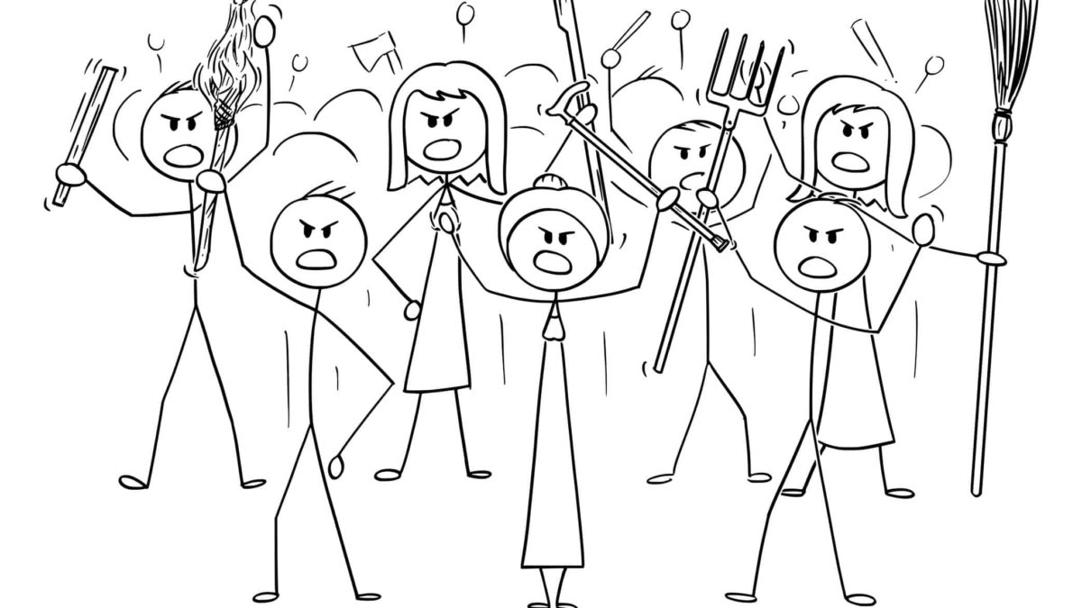cartoon of angry mob charging forward with pitchforks