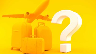 asx airport shares represented by plane and luggage next to large question mark