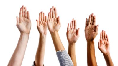 Hands belonging to six different people are in the air, indicating strong demand for a company share price