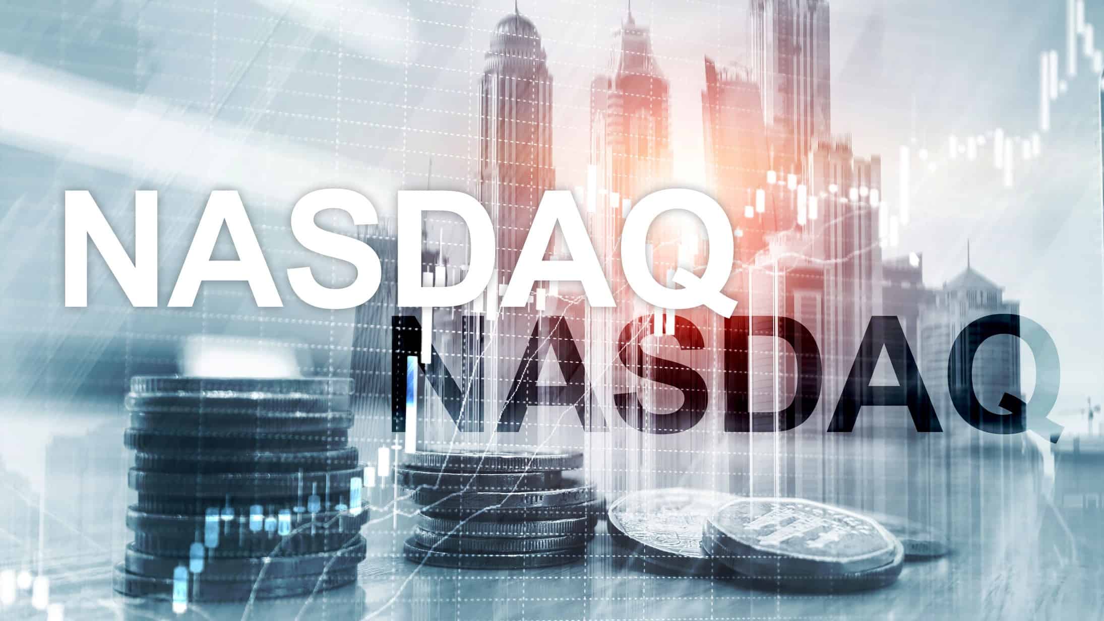 A graphic illustration with the words NASDAQ atop a US city and currency