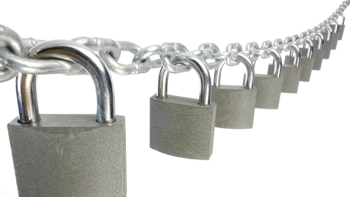 A row of padlocks on a chain, indicating a share price for an ASX security company