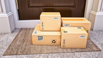 Amazon boxes stacked up on a front doorstep