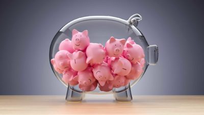 A large transparent piggy bank contains many little pink piggy banks, indicating diversity in a share portfolio