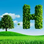 A graphic of a tree and a green leafy capital letter H on a blue sky background, indicating a share price rise for ASX companies dealing in hydrogen energy