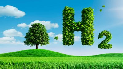 A graphic of a tree and a green leafy capital letter H on a blue sky background, indicating a share price rise for ASX companies dealing in hydrogen energy