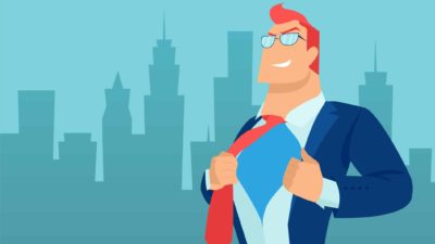 Super Retail share price upgrade buy re-rating A drawing of a a superhero businessman in fron of a cityscape in silhoutte, indicating a share price earnings super cycle