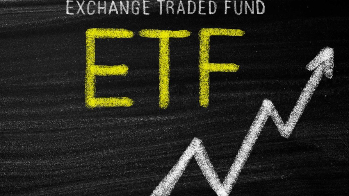 the words exchange traded fund with a zig zag arrow pointing up