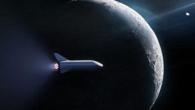 Space rocket in front of moon
