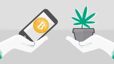 drawings of a phone with a bitcoin logo in one hand and a cannabis plant in the other hand