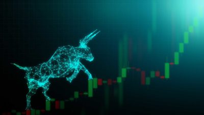 bull market encapsulated by bull running up a rising stock market price