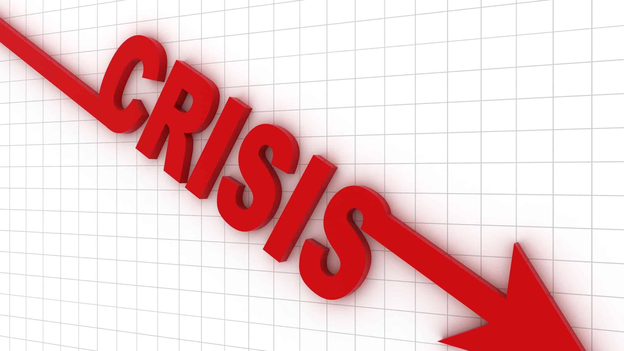The word crisis attached to a pointing down red arrow.