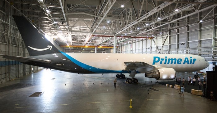 Amazon Prime airplane in airport hangar
