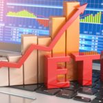 the words ETF in red with rising block chart and arrow