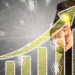 Graphic showing yellow arrow above vertical columns indicating a rising share price