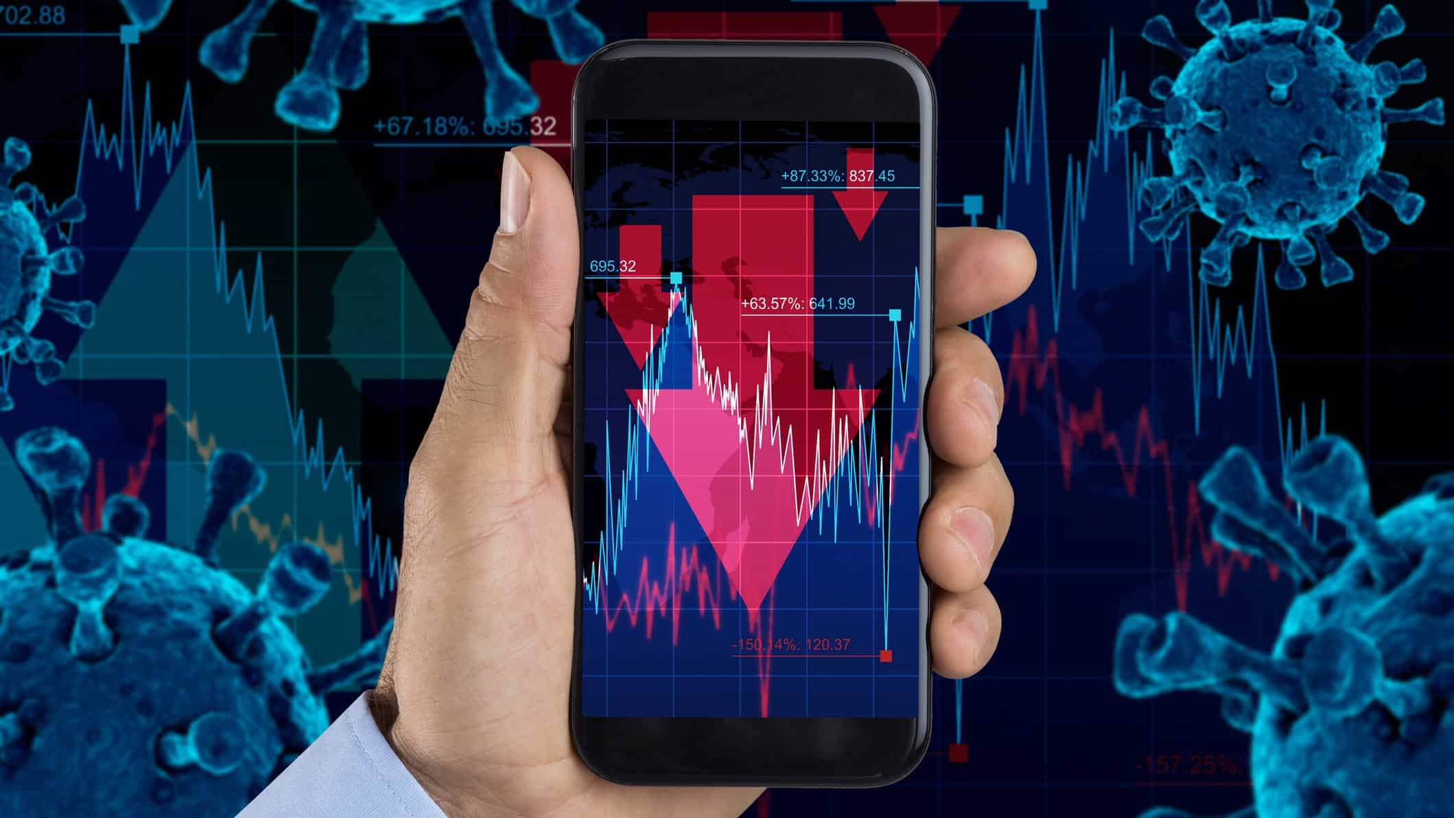 smarthphone illustraring a drop in sare price due to coronavirus in a background with coronavirus molecules
