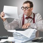 comical investor reading documents and surrounded by calculators