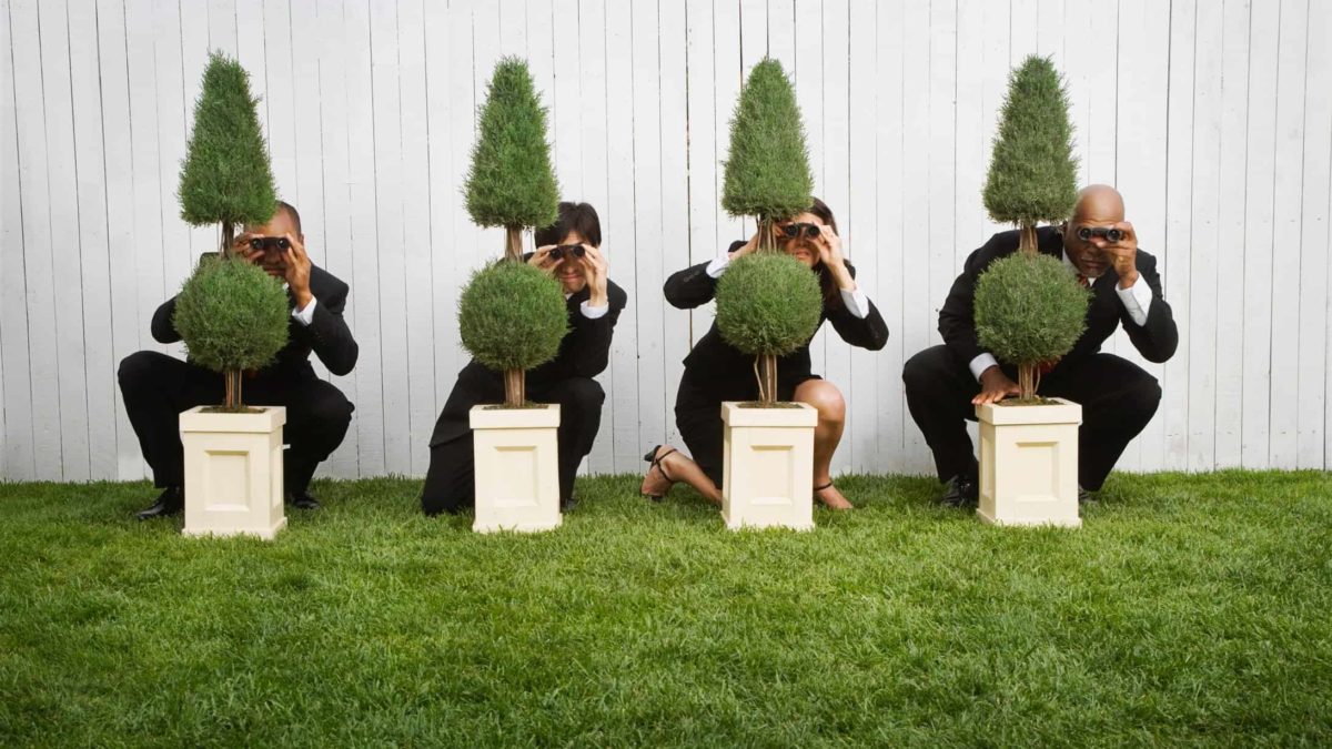 Four ASX share investors in black suits hide behind trees with binoculars and other surveillance equipment, peeking out to see what's happening.