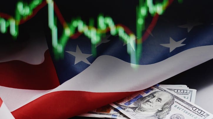 US flag, graph, dollar bills