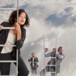 Three shareholders climbing ladders up into the clouds.
