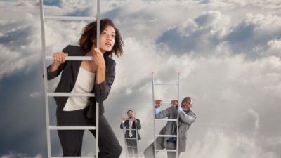 Three shareholders climbing ladders up into the clouds