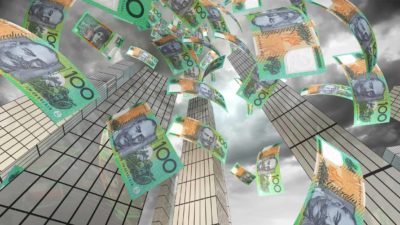 Australian dollar $100 notes fall out of the sky, indicaticating a windfall from ASX bank shares