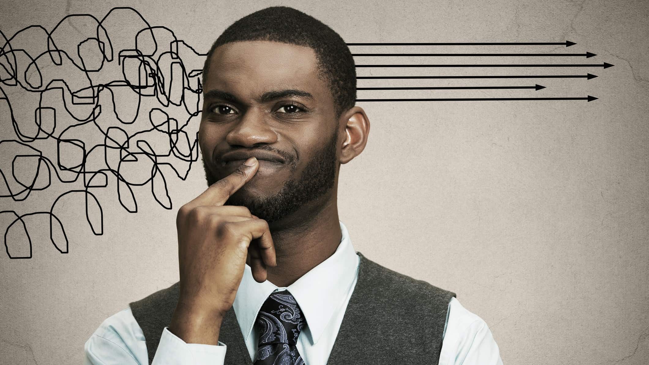 Depiction of a man turning chaotic thoughts into clear direction