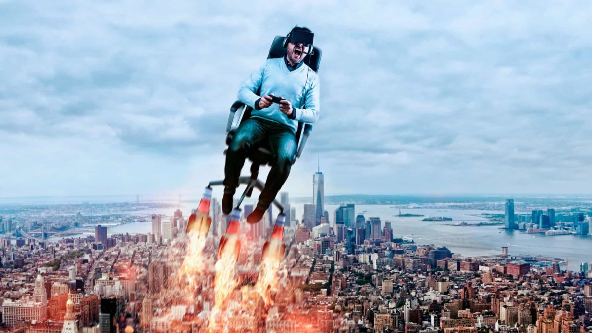 a man sits on a rocket propelled office chair and flies high above a city