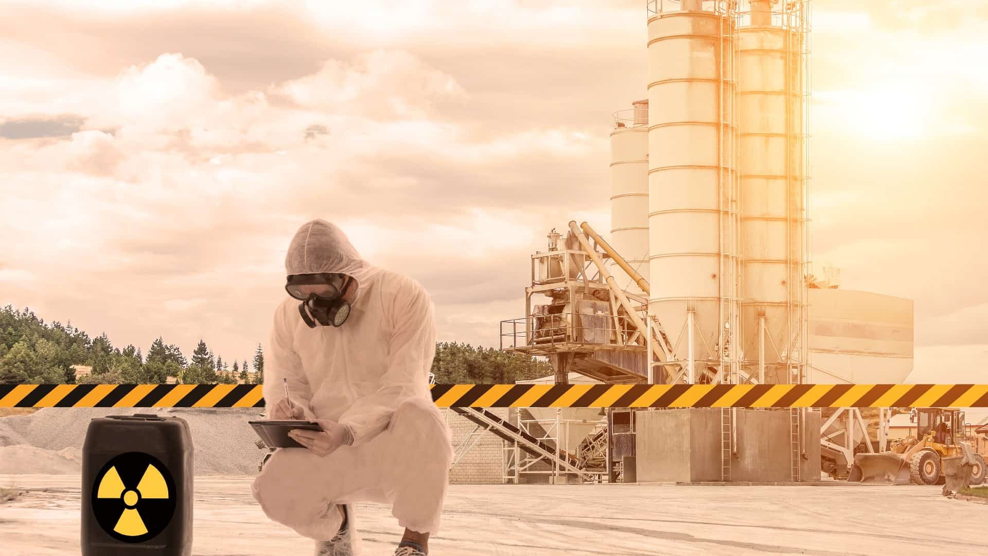 A uranium plant worker in full protective clothing squats near a radioactive warning sign at the site of a uranium processing plant.