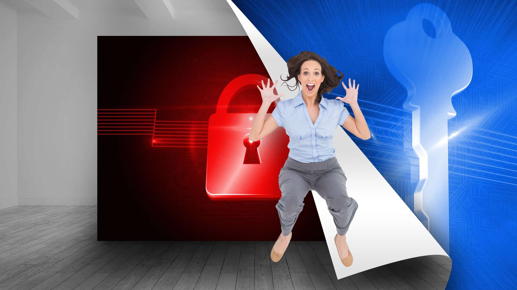woman jumping for joy in front of lock and key