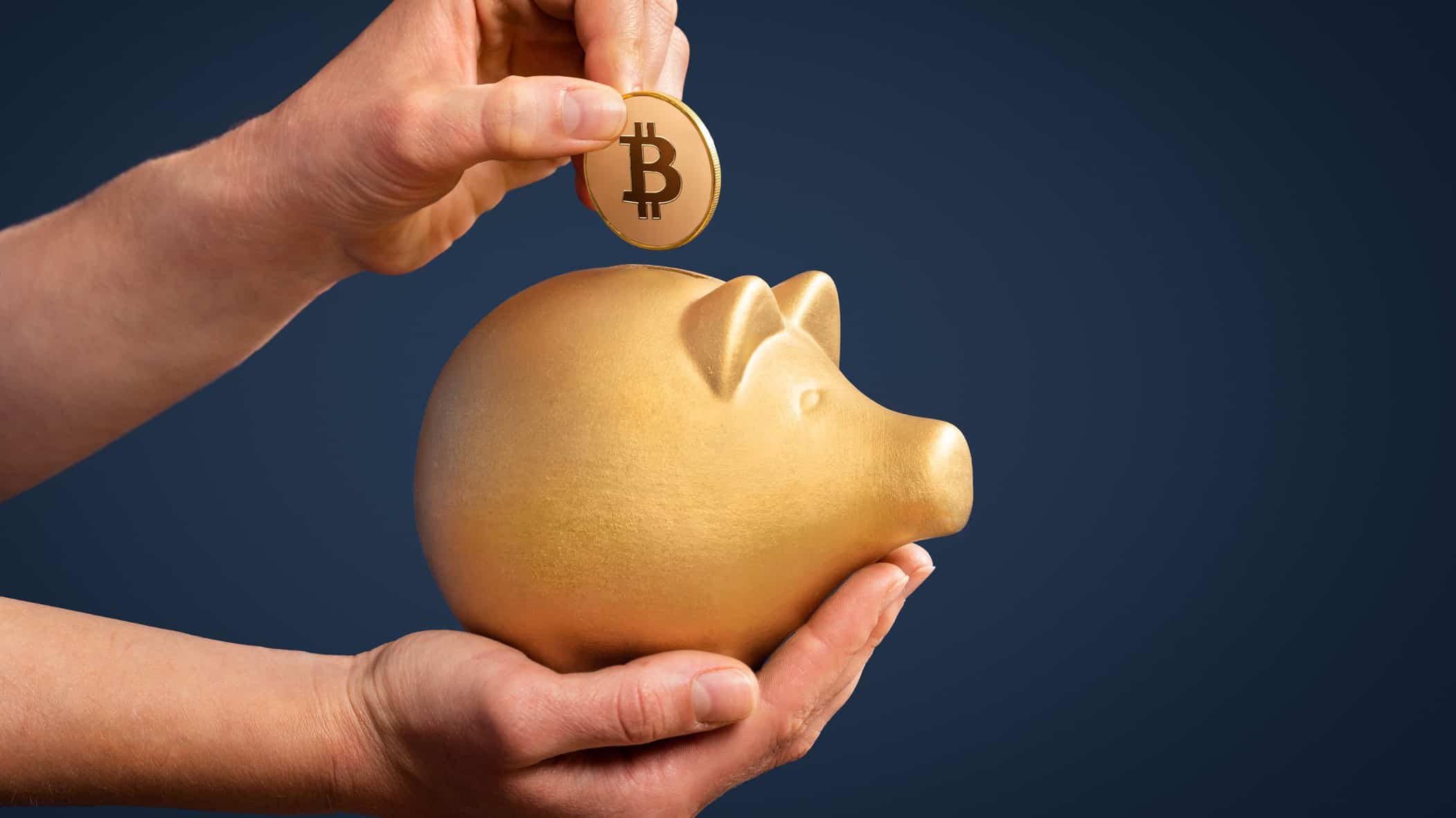Cryptocurrency bitcoin coin in gold piggy bank