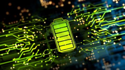 A green fully charged battery symbol surrounded by green charge lights representing the surging Vulcan share price today