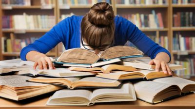 a person slumped over a pile of books while reading them with bookshelves in the background.