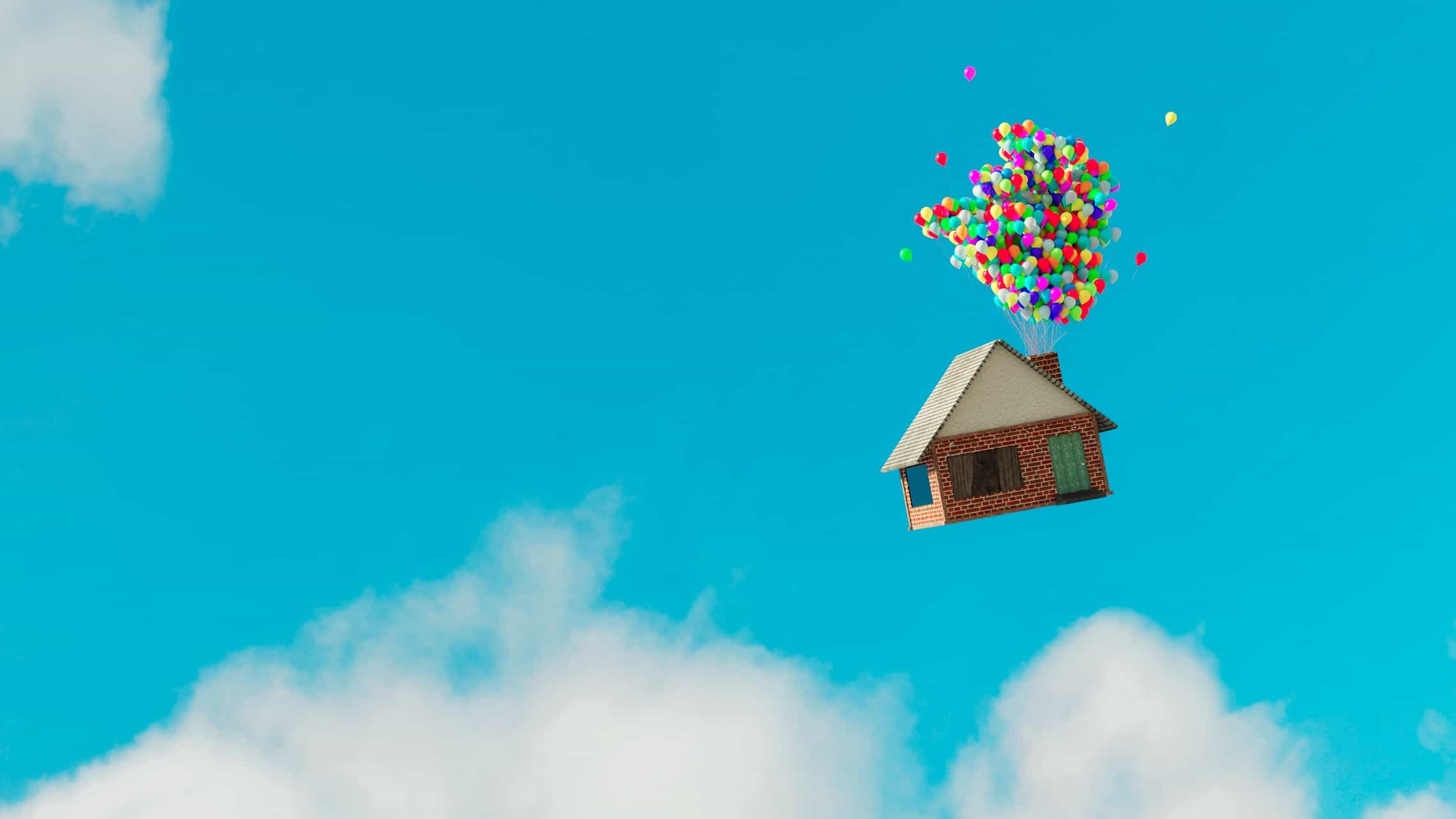 House floats up and away while tied to balloons.