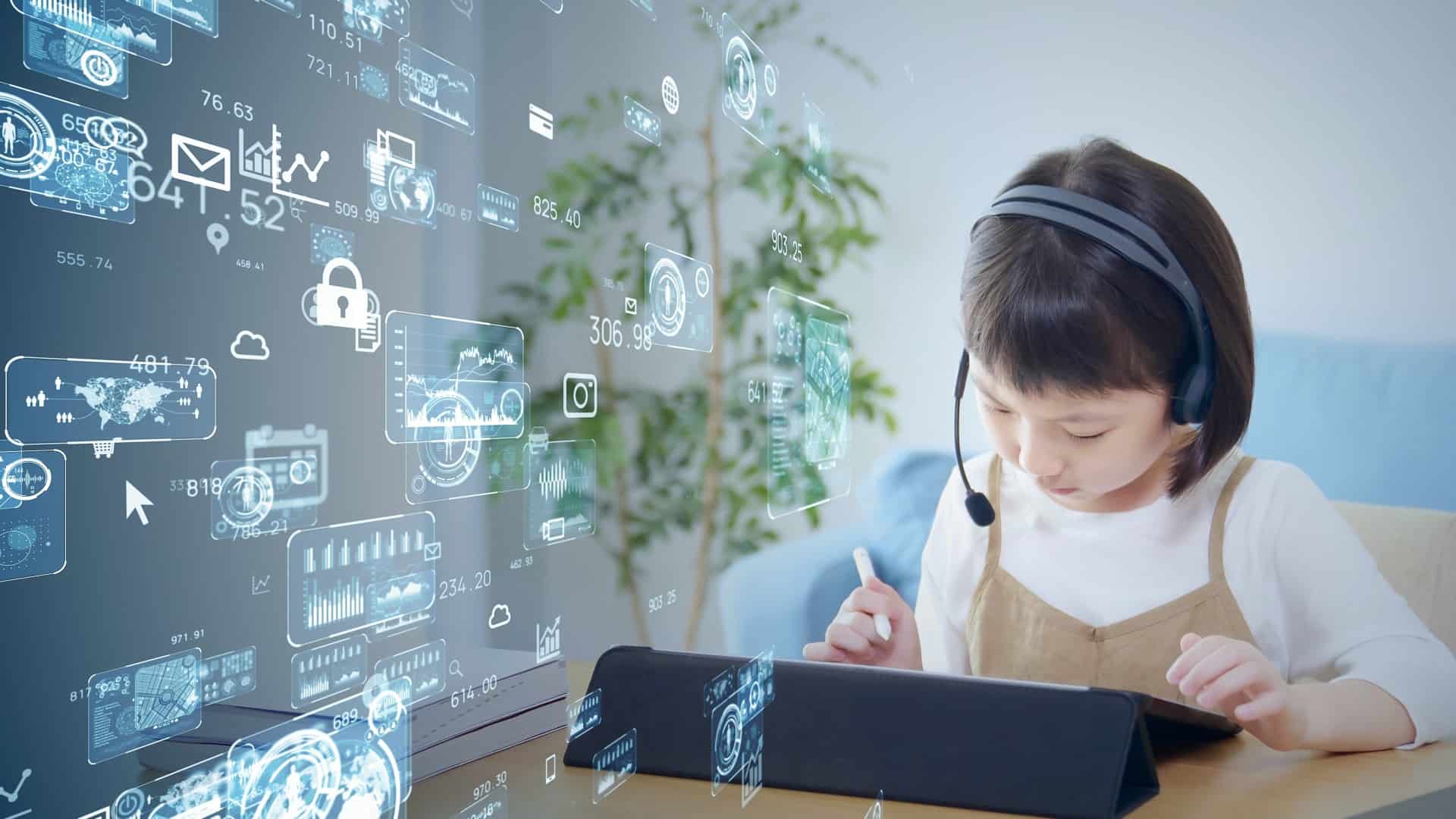 A girl studies remotely at home on a tablet while cybersecurity icons float in the air around her.