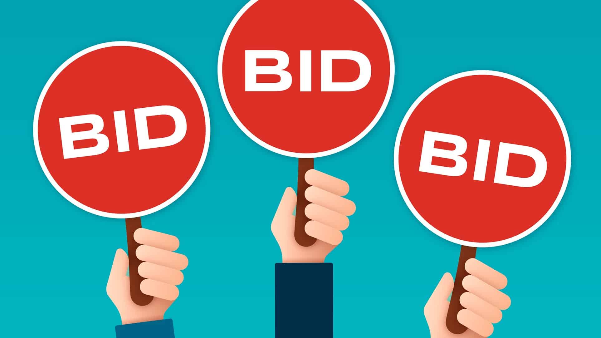 A graphic showing three hands holding red paddles with the word BID, indicating a bidding war for an ASX share company