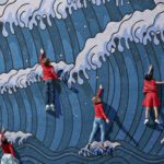 Children wearing red clothing are featured on a wall painted with a large wave pattern.