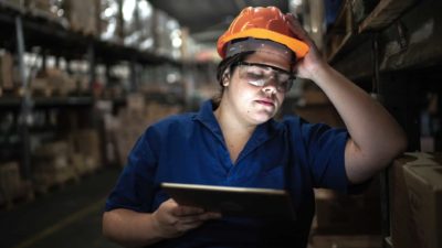 a warehouse worker wearing overalls and a hard hat leans on one of the shelves with schedule in hand and closes her eyes in an unhappy expression.
