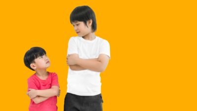 A little brother and big brother stare back at each other, both have their arms crossed.