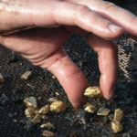A photo of a wet dirty hand picking up a piece of gold amongst black rocks