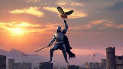 armoured knight stands on a castle roof as hawk hovers above his arm. on