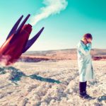 Codan share price A dismayed kid dressed as a scientist stands with his back to a rocket crashed into the ground
